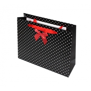 Darčeková taška PREMIUM čierna bodkovaná s mašľou, M - 25x20x8
