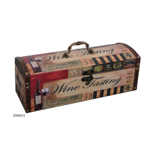 Drevený kufrík na víno na 1 fľašu s rúčkou a s farebným motívom