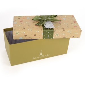 Darčeková krabica LUXURY L ''Eiffel Tower'' prírodný vzor, zelená mašľa 30x14x13 cm