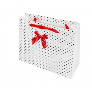 Darčeková taška PREMIUM biela bodkovaná s mašľou, XL - 41x31x13