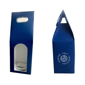 Krabička s okienkom a rúčkou modrá s logom ''tradičná chuť francúzska'' 77x77mm